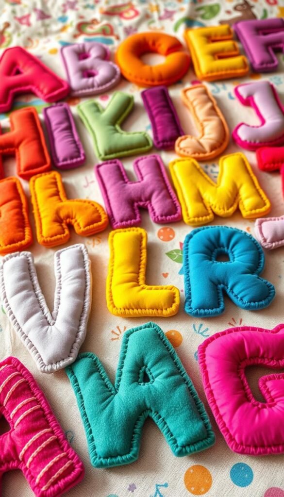 A vibrant, tactile fabric alphabet sprawls across the frame, each letter fashioned from rich, textured materials. The foreground features a whimsical array of letters, their contours defined by plush velvet, flowing chiffon, and intricate embroidery. The middle ground showcases a mix of playful fabric patterns and textures, creating a visually engaging backdrop. Soft, diffused lighting casts gentle shadows, accentuating the dimensional quality of the materials. The overall mood is one of creativity, learning, and a sense of tactile exploration, perfectly suited for an educational fabric craft project. A vibrant, tactile fabric alphabet sprawls across the frame, each letter fashioned from rich, textured materials. The foreground features a whimsical array of letters, their contours defined by plush velvet, flowing chiffon, and intricate embroidery. The middle ground showcases a mix of playful fabric patterns and textures, creating a visually engaging backdrop. Soft, diffused lighting casts gentle shadows, accentuating the dimensional quality of the materials. The overall mood is one of creativity, learning, and a sense of tactile exploration, perfectly suited for an educational fabric craft project.