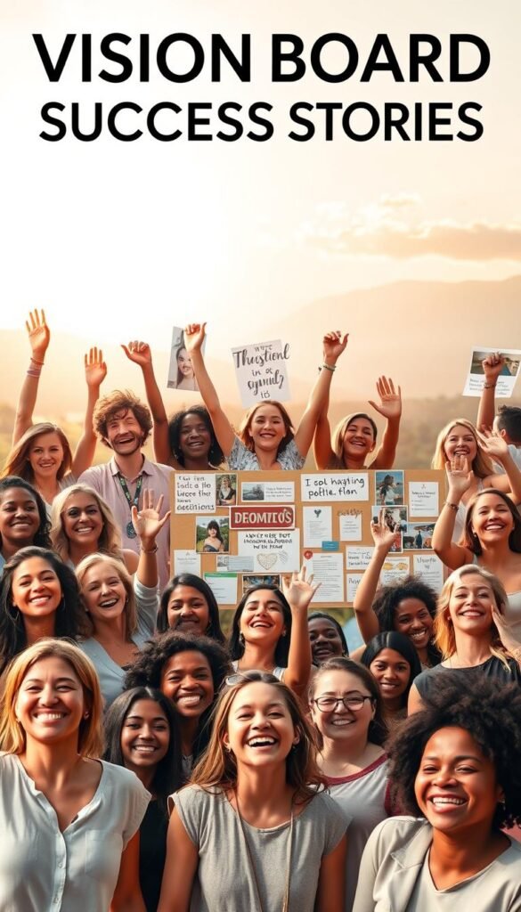 A vibrant, visually engaging collage showcasing "vision board success stories". In the foreground, a diverse array of empowered individuals celebrating their achievements - smiling faces, raised hands, and a palpable sense of joy and accomplishment. In the middle ground, inspirational vision boards filled with images, affirmations, and goal-setting tools, reflecting the diverse dreams and aspirations of the people. The background features a softly blurred, sunlit landscape, radiating a sense of tranquility and possibility. Warm, golden lighting casts a gentle glow over the entire scene, conveying a feeling of hope, growth, and fulfilled potential. Crisp, high-resolution photography with a slightly cinematic, magazine-editorial aesthetic. A vibrant, visually engaging collage showcasing "vision board success stories". In the foreground, a diverse array of empowered individuals celebrating their achievements - smiling faces, raised hands, and a palpable sense of joy and accomplishment. In the middle ground, inspirational vision boards filled with images, affirmations, and goal-setting tools, reflecting the diverse dreams and aspirations of the people. The background features a softly blurred, sunlit landscape, radiating a sense of tranquility and possibility. Warm, golden lighting casts a gentle glow over the entire scene, conveying a feeling of hope, growth, and fulfilled potential. Crisp, high-resolution photography with a slightly cinematic, magazine-editorial aesthetic.