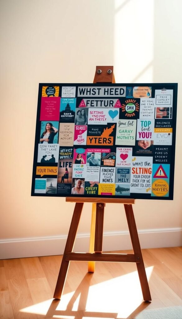 A vibrant, visually stunning vision board displayed on a wooden easel, set against a soft, blurred background. The board is filled with inspiring images, motivational quotes, and colorful affirmations, all arranged in a harmonious, eye-catching layout. Warm, natural lighting from the side casts gentle shadows, creating depth and dimensionality. The overall scene exudes a sense of focus, positivity, and the transformative power of goal-setting, perfectly capturing the "Benefits of Creating a Vision Board". A vibrant, visually stunning vision board displayed on a wooden easel, set against a soft, blurred background. The board is filled with inspiring images, motivational quotes, and colorful affirmations, all arranged in a harmonious, eye-catching layout. Warm, natural lighting from the side casts gentle shadows, creating depth and dimensionality. The overall scene exudes a sense of focus, positivity, and the transformative power of goal-setting, perfectly capturing the "Benefits of Creating a Vision Board".