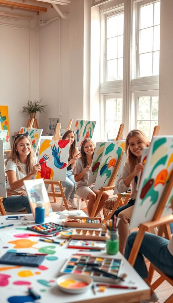A vibrant, whimsical scene of a group painting session in a bright, airy art studio. In the foreground, several friends sitting at easels, brushes in hand, their faces alight with concentration and joy as they create colorful abstract paintings on canvas. Mid-ground, an array of art supplies - paints, brushes, palettes - scattered across a large table, hinting at the creative potential. In the background, tall windows letting in warm, natural light, casting a soft glow over the space and accentuating the cheerful, relaxed atmosphere. The overall impression is one of shared artistic expression, playfulness, and a sense of community.