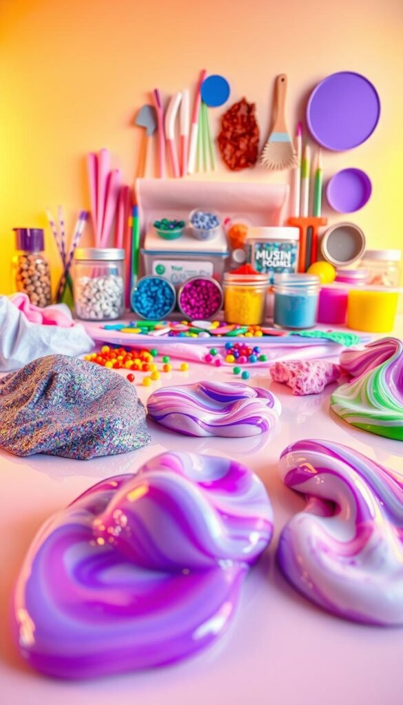 A vibrant, whimsical scene showcasing an array of creative slime ideas. In the foreground, various slime textures and colors - glittering, iridescent, marbled, and oozing - are artfully arranged on a smooth, reflective surface, inviting tactile exploration. The middle ground features an assortment of slime-making tools and mix-ins, such as beads, sequins, and colorful powders, suggesting endless possibilities for customization. The background is a soft, dreamy gradient, providing a serene backdrop to the playful, tactile display. Warm, diffused lighting casts a gentle glow, enhancing the dynamic, sensory-rich composition. Captured with a wide-angle lens to emphasize the depth and diversity of the creative slime ideas.
