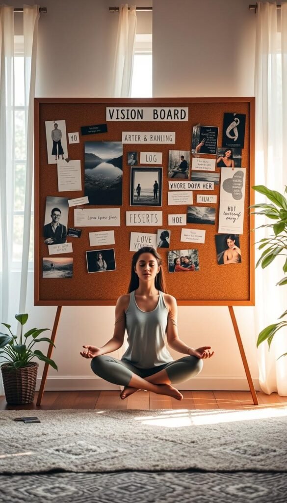 A vision board manifesting in a serene, sun-dappled room. In the foreground, a stylish corkboard displays a collage of cut-out images, words, and inspirational affirmations, exuding a sense of focus and intention. The middle ground features a person meditating cross-legged, eyes closed, radiating a peaceful, mindful presence. Soft, warm lighting filters through sheer curtains, casting a gentle glow. In the background, lush houseplants and a tranquil view through a window hint at the abundance and growth to come, as the manifestation process unfolds. A vision board manifesting in a serene, sun-dappled room. In the foreground, a stylish corkboard displays a collage of cut-out images, words, and inspirational affirmations, exuding a sense of focus and intention. The middle ground features a person meditating cross-legged, eyes closed, radiating a peaceful, mindful presence. Soft, warm lighting filters through sheer curtains, casting a gentle glow. In the background, lush houseplants and a tranquil view through a window hint at the abundance and growth to come, as the manifestation process unfolds.