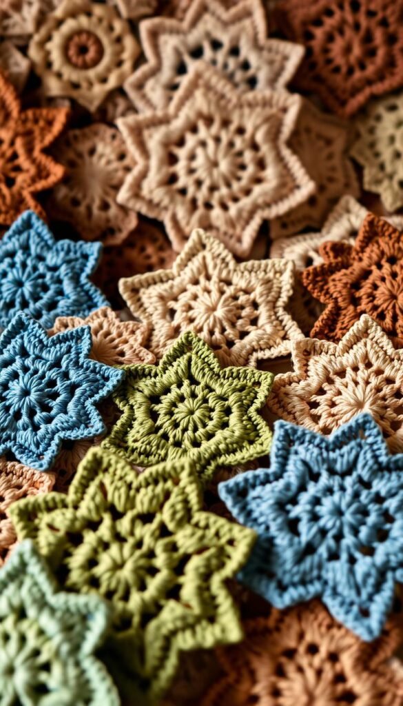 A visually striking arrangement of intricate crochet star patterns, captured in a soft, warm lighting. The foreground showcases an array of delicate, interlocking crocheted stars in various hues, ranging from vibrant blues and greens to muted earth tones. The midground features a mix of larger, more complex star designs, their intricate stitches and textures clearly visible. In the background, a subtle, blurred pattern of additional stars creates a sense of depth and a harmonious, layered composition. The overall scene exudes a cozy, homespun atmosphere, inviting the viewer to appreciate the beauty and craftsmanship of these captivating crochet star designs.
