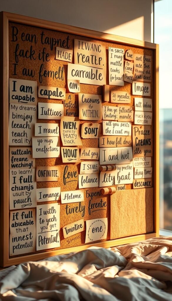A visually striking vision board filled with meaningful affirmations and inspiring words, illuminated by warm, natural lighting that creates a serene, contemplative atmosphere. The foreground features a collage of hand-lettered phrases like "I am capable", "My dreams are within reach", and "I embrace my full potential", arranged in a harmonious layout. The middle ground showcases a variety of tactile, textured materials such as cork, wood, and fabric, hinting at the personalized and tactile nature of the vision board. The background depicts a soft, blurred landscape with a calming, pastel color palette, allowing the affirmations to take center stage. A visually striking vision board filled with meaningful affirmations and inspiring words, illuminated by warm, natural lighting that creates a serene, contemplative atmosphere. The foreground features a collage of hand-lettered phrases like "I am capable", "My dreams are within reach", and "I embrace my full potential", arranged in a harmonious layout. The middle ground showcases a variety of tactile, textured materials such as cork, wood, and fabric, hinting at the personalized and tactile nature of the vision board. The background depicts a soft, blurred landscape with a calming, pastel color palette, allowing the affirmations to take center stage.
