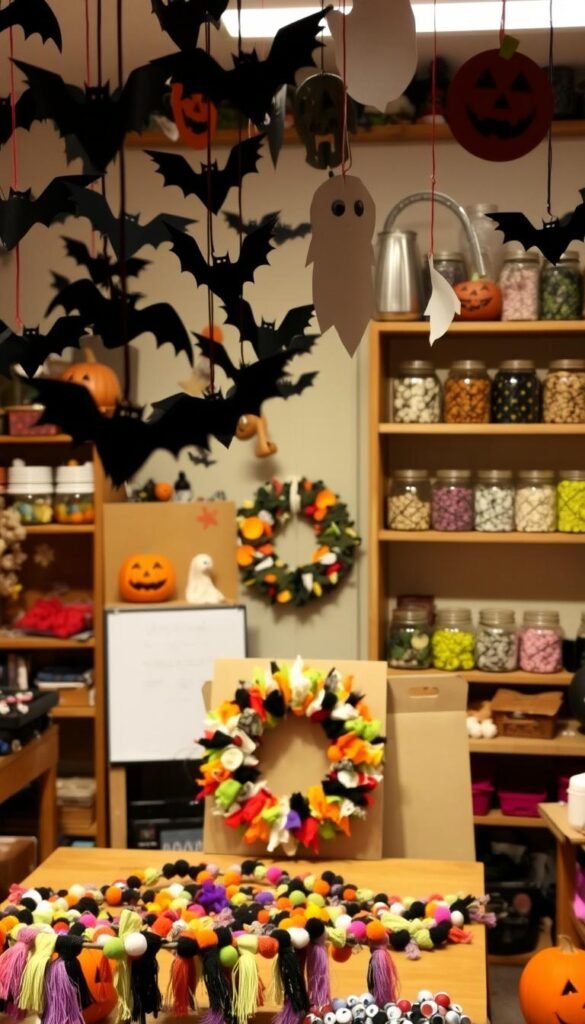 A warm and cozy workshop filled with a variety of Halloween crafts made from recycled materials. In the foreground, a collection of spooky paper bats, ghosts, and jack-o'-lanterns hang from the ceiling, casting playful shadows. In the middle ground, a table displays an array of homemade decorations, including a wreath made from repurposed cardboard and a garland of colorful fabric scraps. In the background, shelves hold jars filled with craft supplies, such as buttons, pom-poms, and googly eyes. The lighting is soft and ambient, creating a welcoming and whimsical atmosphere perfect for an afternoon of family-friendly Halloween crafting. A warm and cozy workshop filled with a variety of Halloween crafts made from recycled materials. In the foreground, a collection of spooky paper bats, ghosts, and jack-o'-lanterns hang from the ceiling, casting playful shadows. In the middle ground, a table displays an array of homemade decorations, including a wreath made from repurposed cardboard and a garland of colorful fabric scraps. In the background, shelves hold jars filled with craft supplies, such as buttons, pom-poms, and googly eyes. The lighting is soft and ambient, creating a welcoming and whimsical atmosphere perfect for an afternoon of family-friendly Halloween crafting.