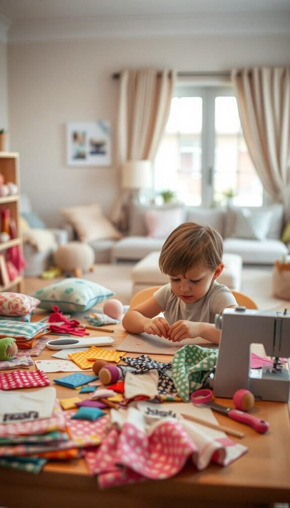 A warm, well-lit indoor scene of a child's craft table, featuring an assortment of colorful fabric scraps, sewing supplies, and simple sewing projects like decorative pillows, plush toys, and hand-sewn clothing. In the foreground, a young child diligently works on a sewing project, their face focused and determined. The middle ground showcases various fabric samples, patterns, and tools neatly arranged, inviting the viewer to imagine the creative possibilities. The background gently fades into a cozy, inviting living room or playroom setting, with soft textures and muted tones that complement the handmade aesthetic. The overall mood is one of engaged learning, youthful exploration, and the joy of creating through fabric crafts. A warm, well-lit indoor scene of a child's craft table, featuring an assortment of colorful fabric scraps, sewing supplies, and simple sewing projects like decorative pillows, plush toys, and hand-sewn clothing. In the foreground, a young child diligently works on a sewing project, their face focused and determined. The middle ground showcases various fabric samples, patterns, and tools neatly arranged, inviting the viewer to imagine the creative possibilities. The background gently fades into a cozy, inviting living room or playroom setting, with soft textures and muted tones that complement the handmade aesthetic. The overall mood is one of engaged learning, youthful exploration, and the joy of creating through fabric crafts.