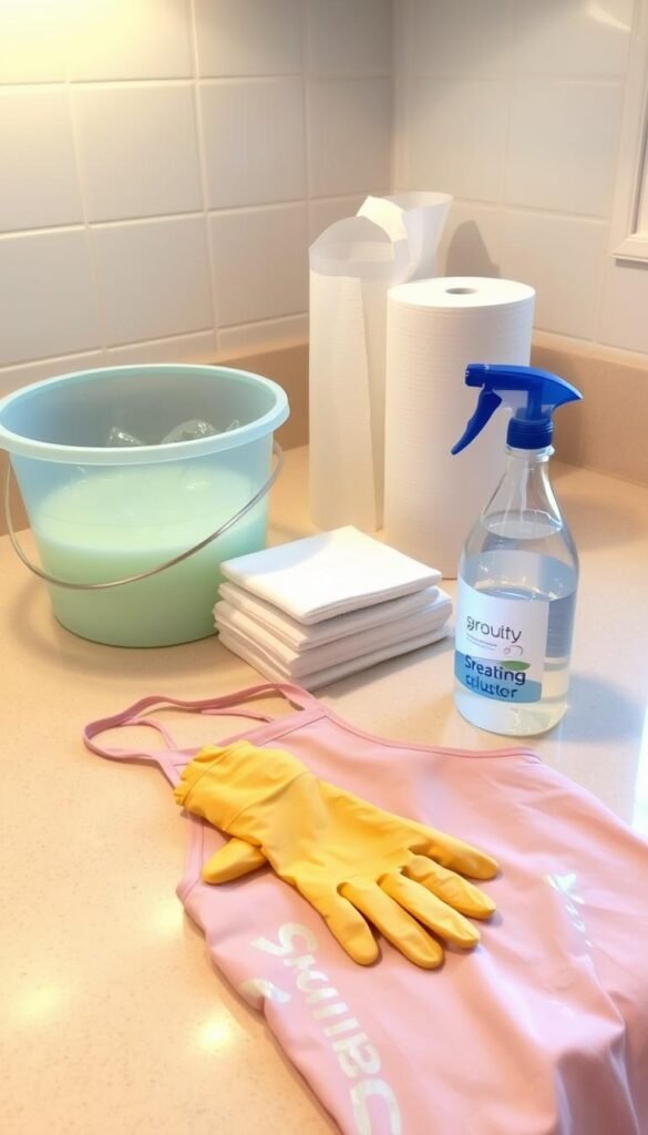 A well-lit kitchen counter with various cleaning supplies arranged neatly: a bucket of warm soapy water, a sponge, paper towels, and a spray bottle filled with a mild cleaning solution. In the foreground, a child-sized apron and rubber gloves sit ready for use. The scene conveys a sense of order and organization, with the counter top reflecting the soft, warm lighting from above. The overall mood is one of diligence and care, as the viewer imagines the effective cleanup of a recent slime-making session.