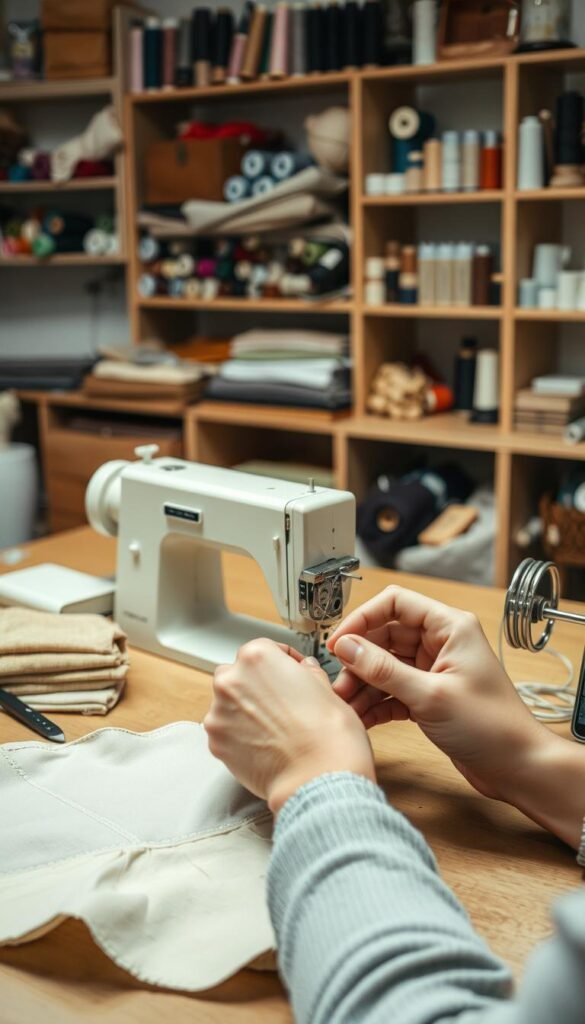 A well-lit sewing workshop with a vintage sewing machine on a wooden table, surrounded by various sewing tools and notions. In the foreground, a pair of hands carefully threading a needle, conveying the focus and concentration required for troubleshooting sewing problems. In the middle ground, a stack of fabric swatches and a partially completed garment, hinting at the process of garment construction. The background features shelves with neatly organized spools of thread, bobbins, and other sewing supplies, creating a sense of order and organization. The overall scene exudes a warm, cozy atmosphere, reflecting the mindful and meticulous nature of troubleshooting sewing issues.