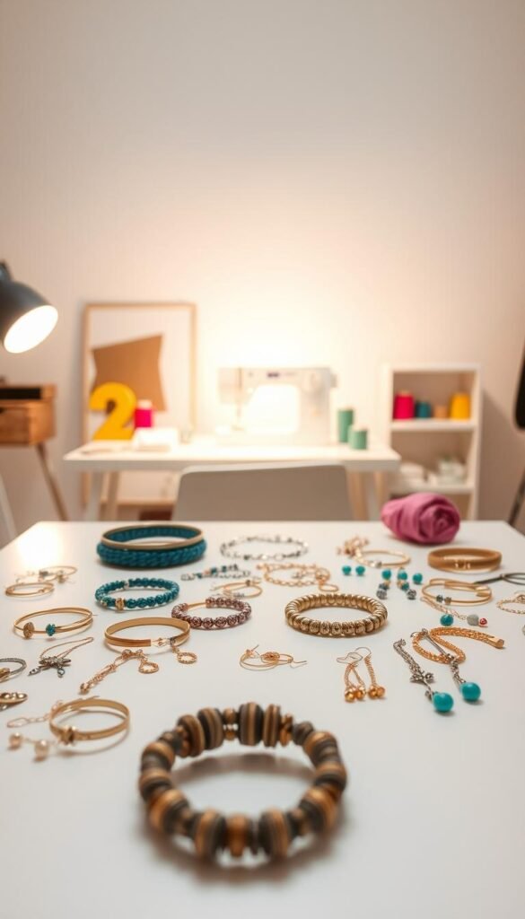 A well-lit studio showcasing an array of handmade accessories. In the foreground, an assortment of delicate bracelets, earrings, and necklaces are artfully displayed on a sleek, minimalist table. The middle ground features a small sewing machine and spools of colorful thread, hinting at the creative process behind these pieces. In the background, a soft, diffused light bathes the scene, creating a warm and inviting atmosphere. The overall composition emphasizes the simplicity and elegance of these quick, confidence-building projects, inspiring the viewer to explore their own sewing potential.