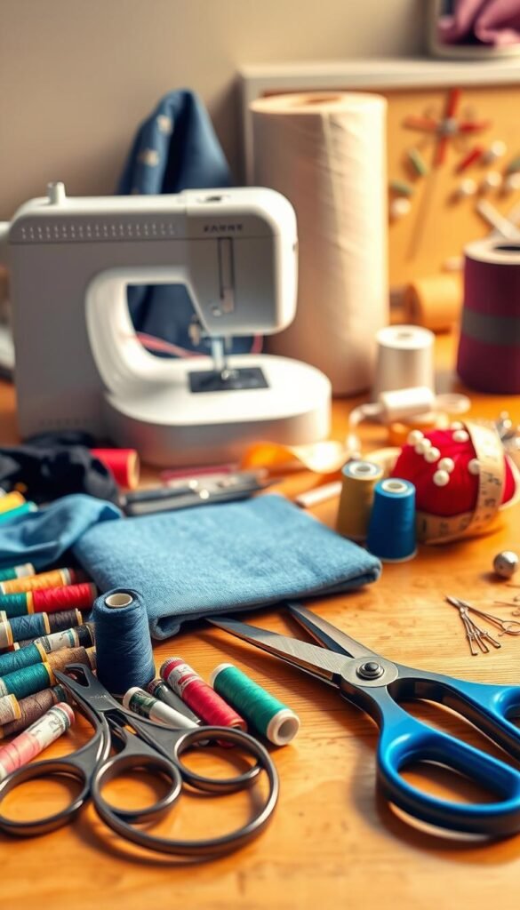 A well-organized sewing supplies arrangement on a wooden tabletop, with a soft, natural lighting illuminating the scene. In the foreground, a pair of scissors, various colored threads, and a pincushion are neatly arranged. In the middle ground, a sewing machine, a tape measure, and a spool of thread are placed with care. The background features a fabric bolt, a pair of thimbles, and a selection of needles, all displayed in a visually appealing manner. The overall atmosphere conveys a sense of order, efficiency, and the joy of sewing.