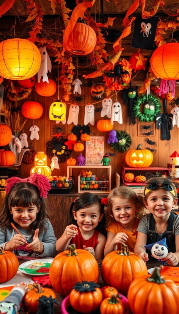 A whimsical Halloween scene, filled with vibrant, handcrafted decorations and DIY projects. In the foreground, a group of smiling children engage in a variety of festive activities, from painting pumpkins to assembling spooky paper lanterns. The middle ground features a diverse array of homemade Halloween crafts, including ghost garlands, spider wreaths, and monster puppets. The background captures a cozy, autumnal setting, with a warm, inviting lighting that casts a magical glow over the entire scene. The mood is one of joyful creativity, as the children immerse themselves in the spirit of the holiday, crafting cherished memories that will last a lifetime. A whimsical Halloween scene, filled with vibrant, handcrafted decorations and DIY projects. In the foreground, a group of smiling children engage in a variety of festive activities, from painting pumpkins to assembling spooky paper lanterns. The middle ground features a diverse array of homemade Halloween crafts, including ghost garlands, spider wreaths, and monster puppets. The background captures a cozy, autumnal setting, with a warm, inviting lighting that casts a magical glow over the entire scene. The mood is one of joyful creativity, as the children immerse themselves in the spirit of the holiday, crafting cherished memories that will last a lifetime.