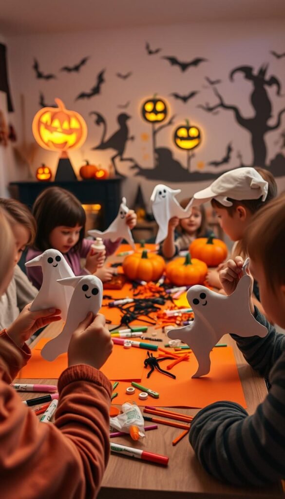 A whimsical Halloween scene with a group of excited children crafting ghostly decorations. In the foreground, young hands meticulously shape and decorate paper ghosts, using markers, glue, and other supplies. The middle ground reveals a table filled with an array of Halloween-themed craft materials - orange and black construction paper, googly eyes, pipe cleaners, and more. In the background, a cozy domestic setting with pumpkins, jack-o'-lanterns, and spooky silhouettes projected on the walls, creating a warm, inviting atmosphere. Soft, diffused lighting casts a gentle glow, capturing the joy and creativity of the Halloween craft session. The overall mood is festive, playful, and bursting with the imaginative spirit of childhood. A whimsical Halloween scene with a group of excited children crafting ghostly decorations. In the foreground, young hands meticulously shape and decorate paper ghosts, using markers, glue, and other supplies. The middle ground reveals a table filled with an array of Halloween-themed craft materials - orange and black construction paper, googly eyes, pipe cleaners, and more. In the background, a cozy domestic setting with pumpkins, jack-o'-lanterns, and spooky silhouettes projected on the walls, creating a warm, inviting atmosphere. Soft, diffused lighting casts a gentle glow, capturing the joy and creativity of the Halloween craft session. The overall mood is festive, playful, and bursting with the imaginative spirit of childhood.