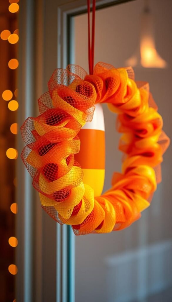 A whimsical candy corn mesh wreath, its bright orange, yellow, and white segments woven together in a cheerful, eye-catching display. Hanging against a softly blurred background, the wreath is illuminated by warm, gentle lighting that casts a cozy, inviting glow. The mesh texture adds depth and visual interest, while the vibrant colors and playful design evoke a fun, kid-friendly Halloween aesthetic. Captured at a slight angle to showcase the dimensional quality of the wreath, the image presents a charming, family-friendly decoration that would be a delightful addition to any home during the spooky season. A whimsical candy corn mesh wreath, its bright orange, yellow, and white segments woven together in a cheerful, eye-catching display. Hanging against a softly blurred background, the wreath is illuminated by warm, gentle lighting that casts a cozy, inviting glow. The mesh texture adds depth and visual interest, while the vibrant colors and playful design evoke a fun, kid-friendly Halloween aesthetic. Captured at a slight angle to showcase the dimensional quality of the wreath, the image presents a charming, family-friendly decoration that would be a delightful addition to any home during the spooky season.