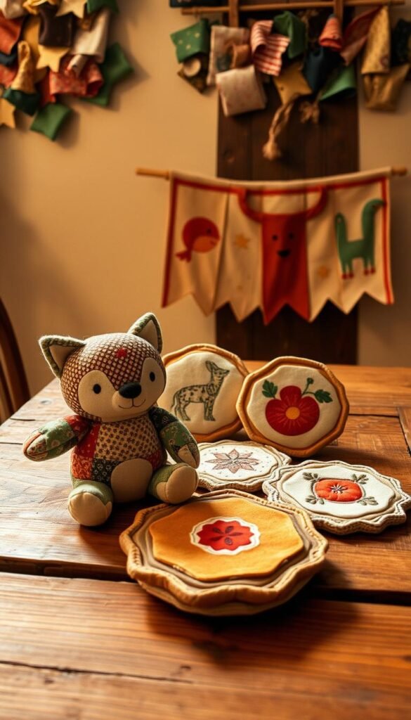 A whimsical collection of handcrafted fabric items resting on a rustic wooden table, bathed in warm, diffused light. In the foreground, a plush, patchwork stuffed animal in the shape of a friendly woodland creature. Beside it, a set of colorful coasters with intricate quilted designs. In the middle ground, a decorative fabric banner adorned with playful embroidered motifs. The background features a wall of repurposed fabric scraps, hinting at the creativity and resourcefulness of the maker. The overall mood is cozy, charming, and inviting - perfect for a homespun gift or a thoughtful craft project. A whimsical collection of handcrafted fabric items resting on a rustic wooden table, bathed in warm, diffused light. In the foreground, a plush, patchwork stuffed animal in the shape of a friendly woodland creature. Beside it, a set of colorful coasters with intricate quilted designs. In the middle ground, a decorative fabric banner adorned with playful embroidered motifs. The background features a wall of repurposed fabric scraps, hinting at the creativity and resourcefulness of the maker. The overall mood is cozy, charming, and inviting - perfect for a homespun gift or a thoughtful craft project.