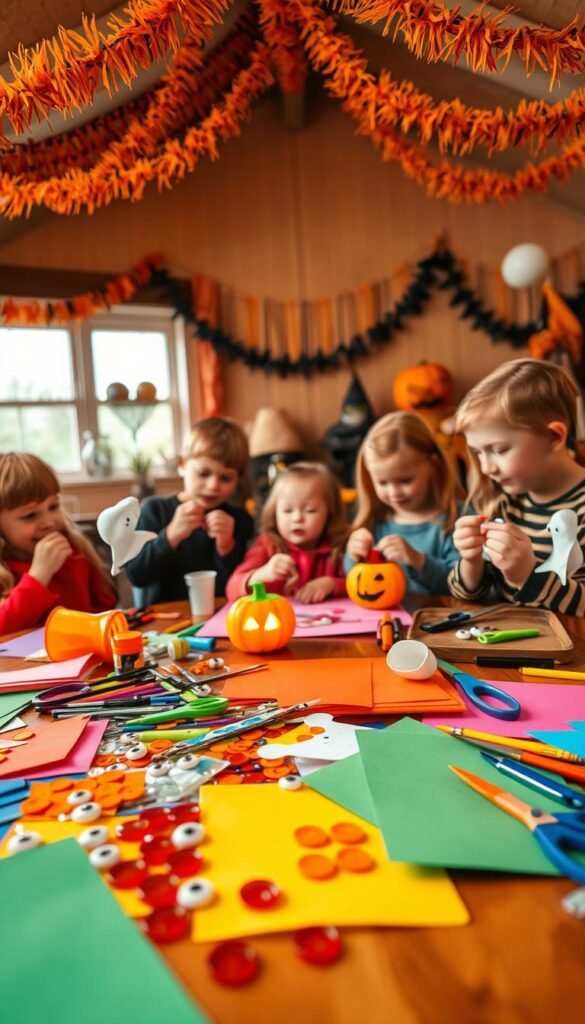A whimsical scene of Halloween craft projects for children, shot in a well-lit, cozy indoor setting. In the foreground, an assortment of colorful supplies - construction paper, googly eyes, scissors, glue, and more - are arranged neatly on a wooden table. In the middle ground, a group of young kids, their faces alight with creativity, are engrossed in crafting spooky ghosts, jack-o'-lanterns, and other festive decorations. The background features a warm, autumnal palette with garlands of orange and black streamers hanging from the walls, evoking the spirit of the holiday. The overall atmosphere is one of joy, learning, and playful experimentation. A whimsical scene of Halloween craft projects for children, shot in a well-lit, cozy indoor setting. In the foreground, an assortment of colorful supplies - construction paper, googly eyes, scissors, glue, and more - are arranged neatly on a wooden table. In the middle ground, a group of young kids, their faces alight with creativity, are engrossed in crafting spooky ghosts, jack-o'-lanterns, and other festive decorations. The background features a warm, autumnal palette with garlands of orange and black streamers hanging from the walls, evoking the spirit of the holiday. The overall atmosphere is one of joy, learning, and playful experimentation.