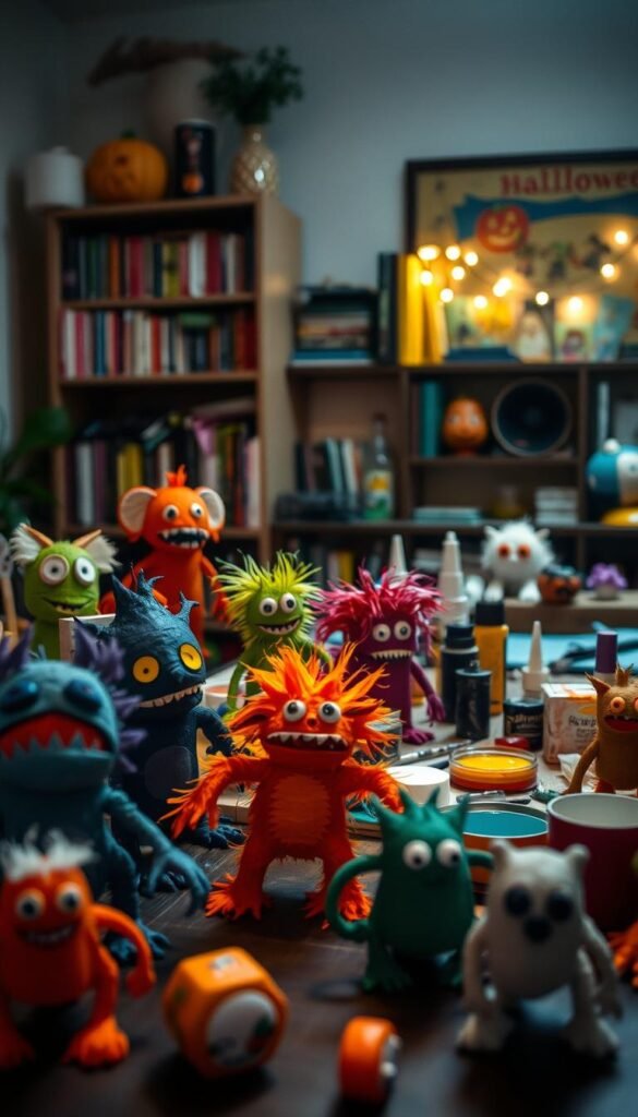 A whimsical scene of homemade Halloween monster crafts in a cozy, dimly lit room. In the foreground, a collection of colorful, imaginative monster figurines, sculpted from paper, felt, and other craft materials, come to life with expressive features and quirky details. The middle ground showcases a table laden with craft supplies, paint, and various DIY projects in progress, hinting at the creative process. In the background, a bookshelf filled with Halloween-themed books and a string of twinkling lights cast a warm, festive glow, setting the mood for an evening of spooky, family-friendly crafting. Soft, diffused lighting and a shallow depth of field create an intimate, inviting atmosphere. A whimsical scene of homemade Halloween monster crafts in a cozy, dimly lit room. In the foreground, a collection of colorful, imaginative monster figurines, sculpted from paper, felt, and other craft materials, come to life with expressive features and quirky details. The middle ground showcases a table laden with craft supplies, paint, and various DIY projects in progress, hinting at the creative process. In the background, a bookshelf filled with Halloween-themed books and a string of twinkling lights cast a warm, festive glow, setting the mood for an evening of spooky, family-friendly crafting. Soft, diffused lighting and a shallow depth of field create an intimate, inviting atmosphere.