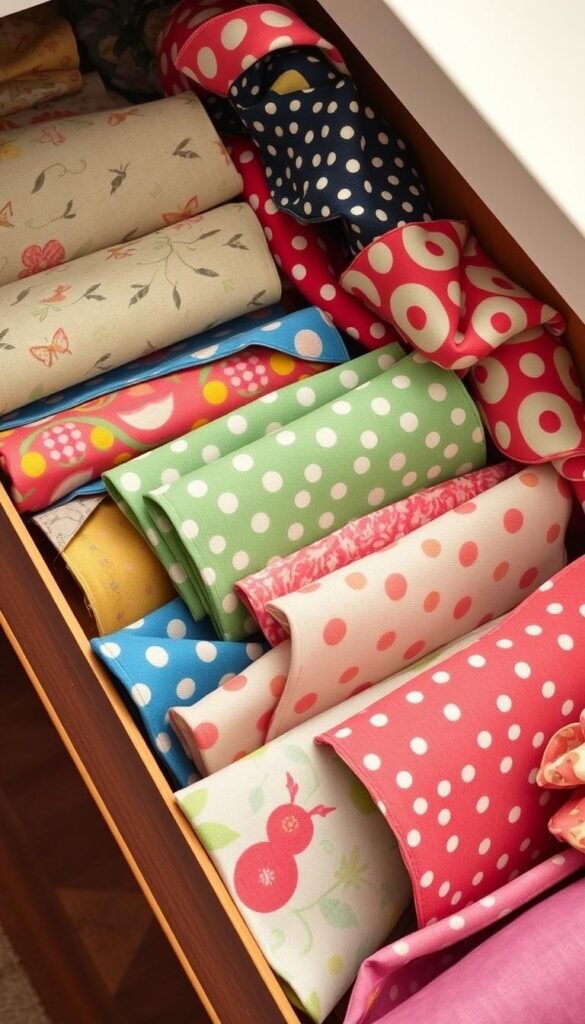 An image of a drawer lined with vibrant fabric