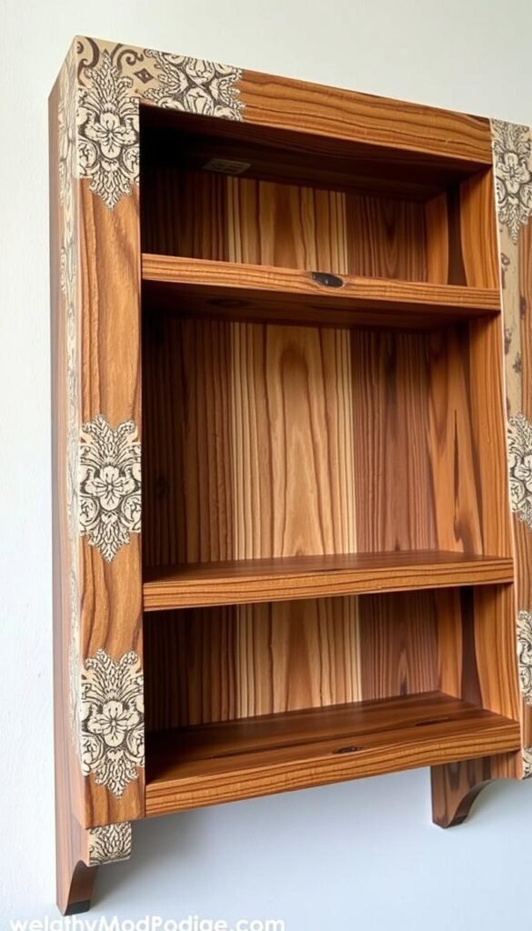 An image of a wooden shelf covered with patterned fabric using Mod Podge