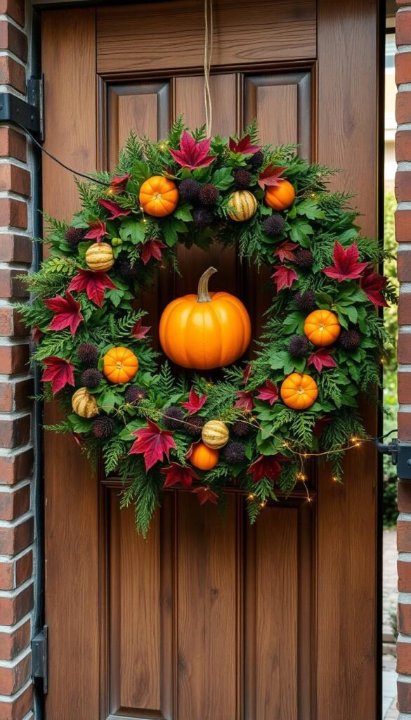An ornate outdoor Halloween wreath adorning a wooden door, with a warm autumn glow casting a cozy ambiance. Lush green foliage, punctuated by vibrant orange pumpkins, crimson maple leaves, and dark purple thistles, creates a captivating focal point. Delicate strands of golden fairy lights wind through the arrangement, casting a soft, magical light. The wreath is suspended against a backdrop of a rustic wooden door, flanked by weathered brick walls and a glimpse of a verdant garden beyond. The overall scene evokes a welcoming, spooky-yet-charming atmosphere, perfect for setting the tone for an autumnal Halloween celebration. An ornate outdoor Halloween wreath adorning a wooden door, with a warm autumn glow casting a cozy ambiance. Lush green foliage, punctuated by vibrant orange pumpkins, crimson maple leaves, and dark purple thistles, creates a captivating focal point. Delicate strands of golden fairy lights wind through the arrangement, casting a soft, magical light. The wreath is suspended against a backdrop of a rustic wooden door, flanked by weathered brick walls and a glimpse of a verdant garden beyond. The overall scene evokes a welcoming, spooky-yet-charming atmosphere, perfect for setting the tone for an autumnal Halloween celebration.