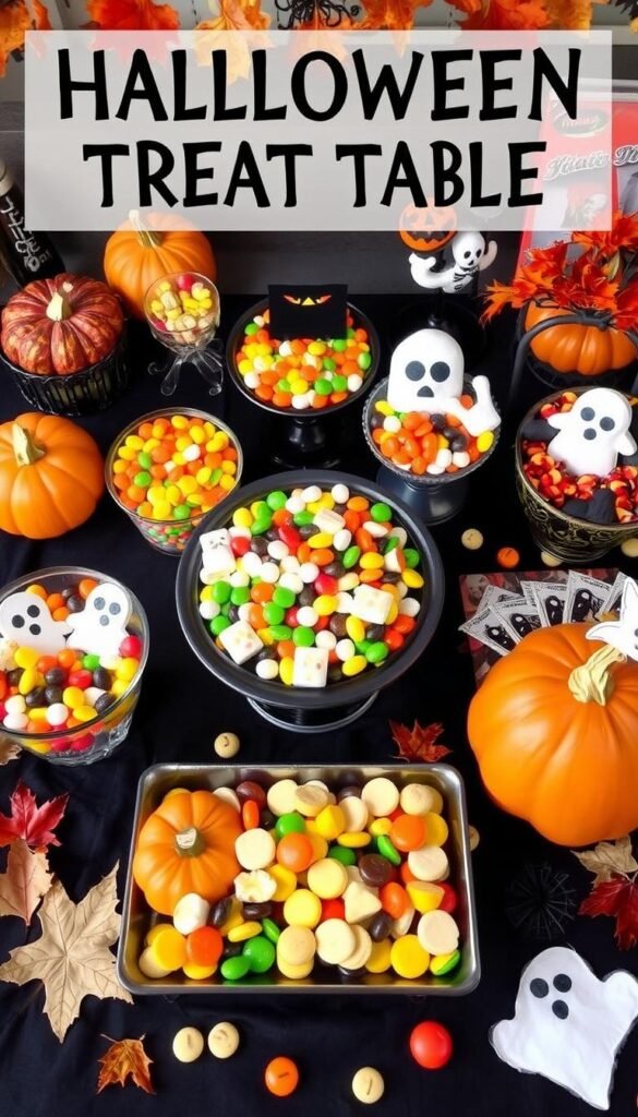 Create an image of a Halloween treat table with various candies and crafts. Create an image of a Halloween treat table with various candies and crafts.