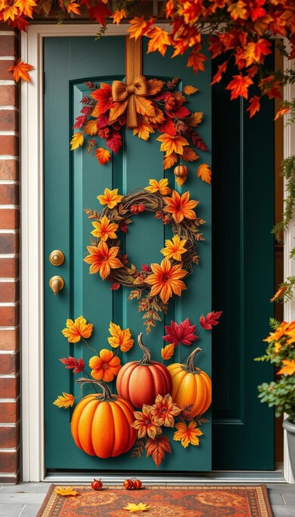 Create an image of a beautiful autumn door hanger made from fabric, with fall motifs like wreaths or pumpkins. Create an image of a beautiful autumn door hanger made from fabric, with fall motifs like wreaths or pumpkins.
