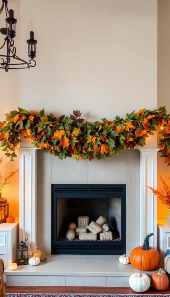 Create an image of a beautiful fabric leaf garland draped over a mantel, with warm lighting and autumnal decorations around it. Create an image of a beautiful fabric leaf garland draped over a mantel, with warm lighting and autumnal decorations around it.