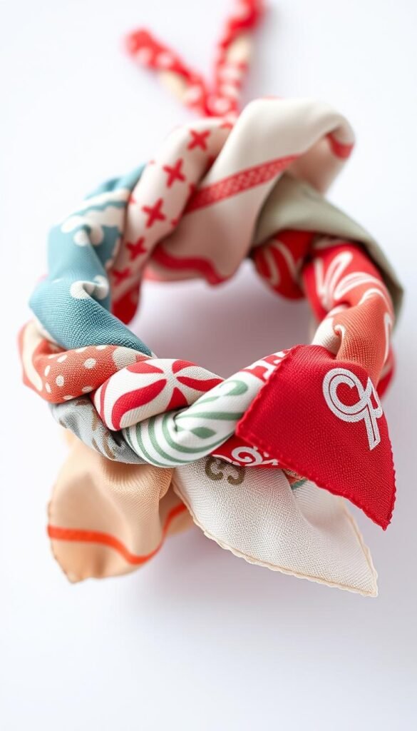 Create an image of a braided fabric bracelet made from vintage handkerchiefs. Create an image of a braided fabric bracelet made from vintage handkerchiefs.