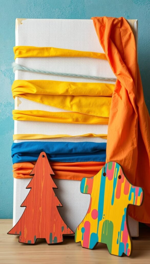 Create an image of a canvas with vibrant fabric stretched over it, accompanied by a painted wooden cut-out.