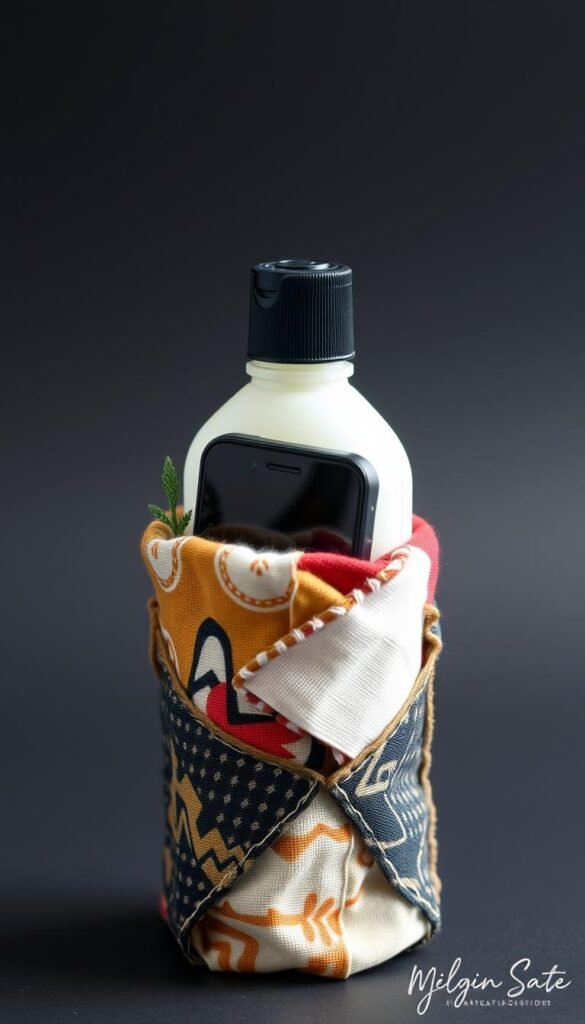 Create an image of a cell phone holder made from a lotion bottle and fabric.