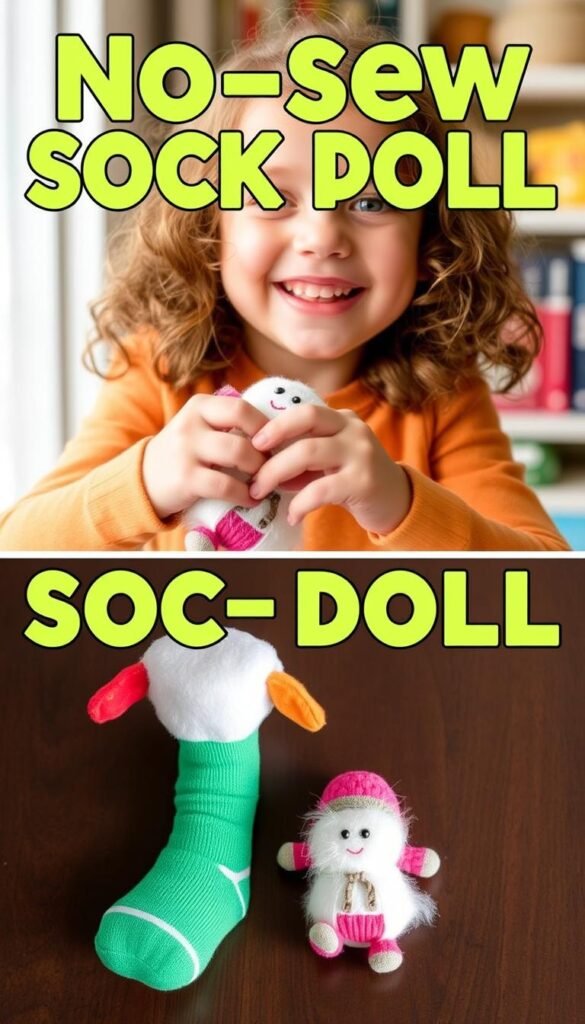 Create an image of a child making a no-sew sock doll using a colorful sock and some stuffing.