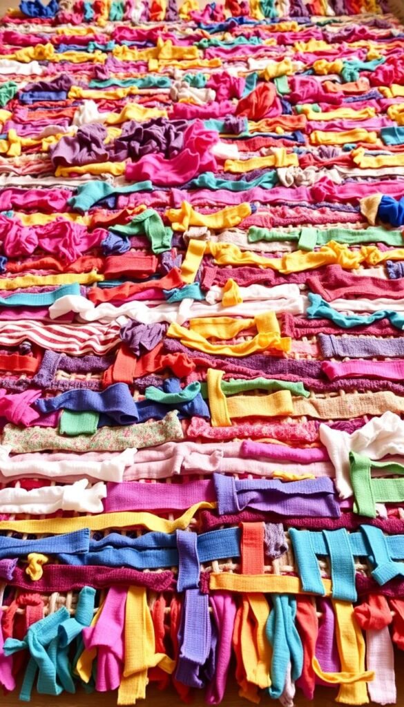 Create an image of a colorful rag rug made from old bedding strips.
