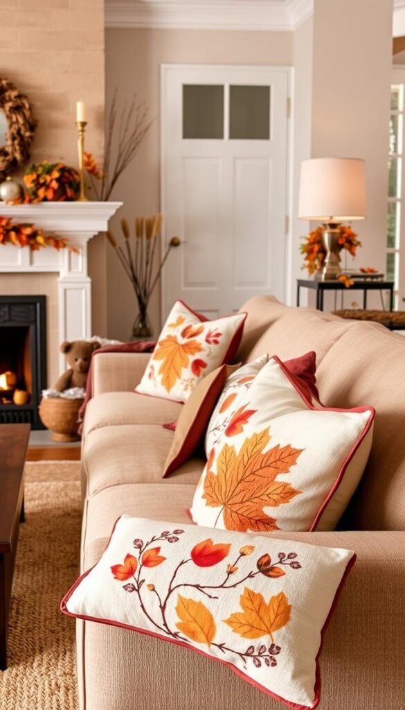 Create an image of a cozy living room with fall-themed throw pillows. Create an image of a cozy living room with fall-themed throw pillows.
