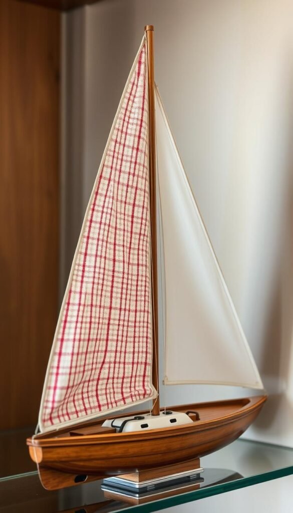 Create an image of a decorative sailboat on a shelf, with ticking fabric sails and a wooden hull. Create an image of a decorative sailboat on a shelf, with ticking fabric sails and a wooden hull.