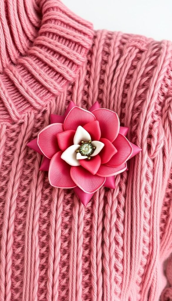 Create an image of a fabric flower pin attached to a sweater. Create an image of a fabric flower pin attached to a sweater.