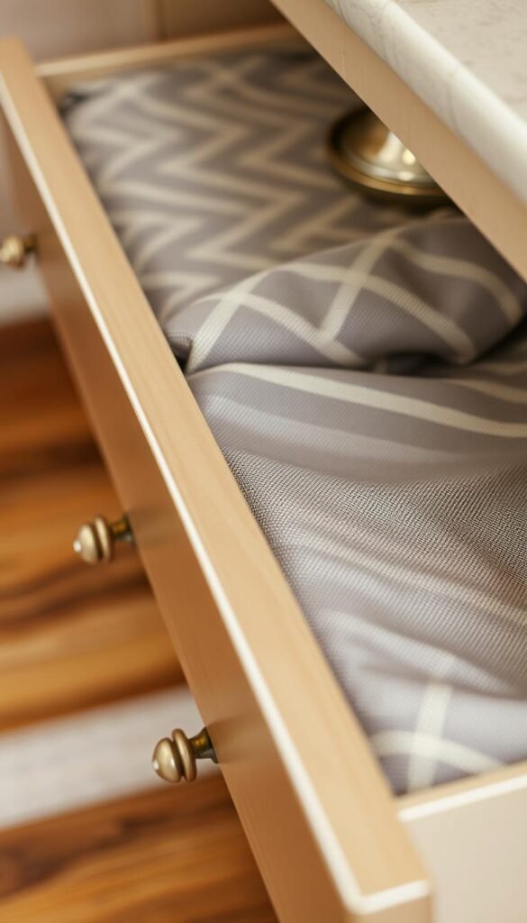 Create an image of a fabric-lined drawer or shelf. Create an image of a fabric-lined drawer or shelf.