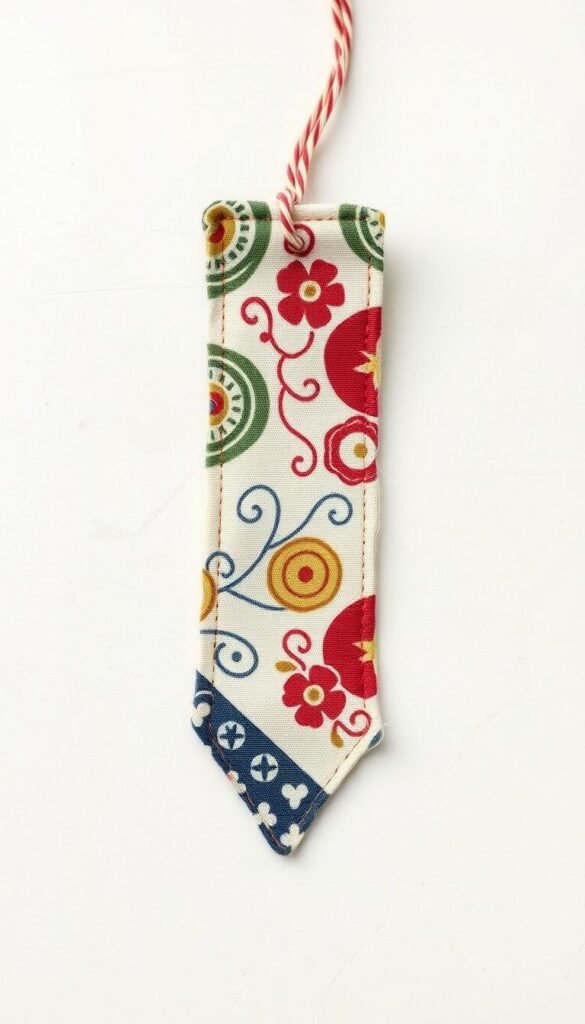 Create an image of a handmade bookmark made from vintage fabric.