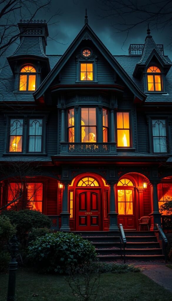 Create an image of a haunted house facade with glowing windows Create an image of a haunted house facade with glowing windows