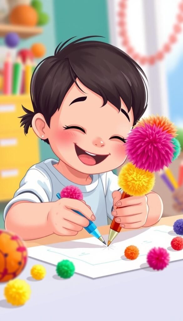Create an image of a kid decorating a pen with colorful fabric pom-poms.