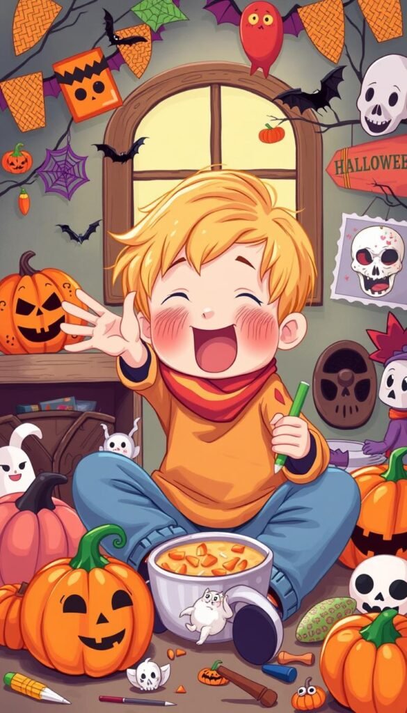 Create an image of a kid making Halloween decorations Create an image of a kid making Halloween decorations