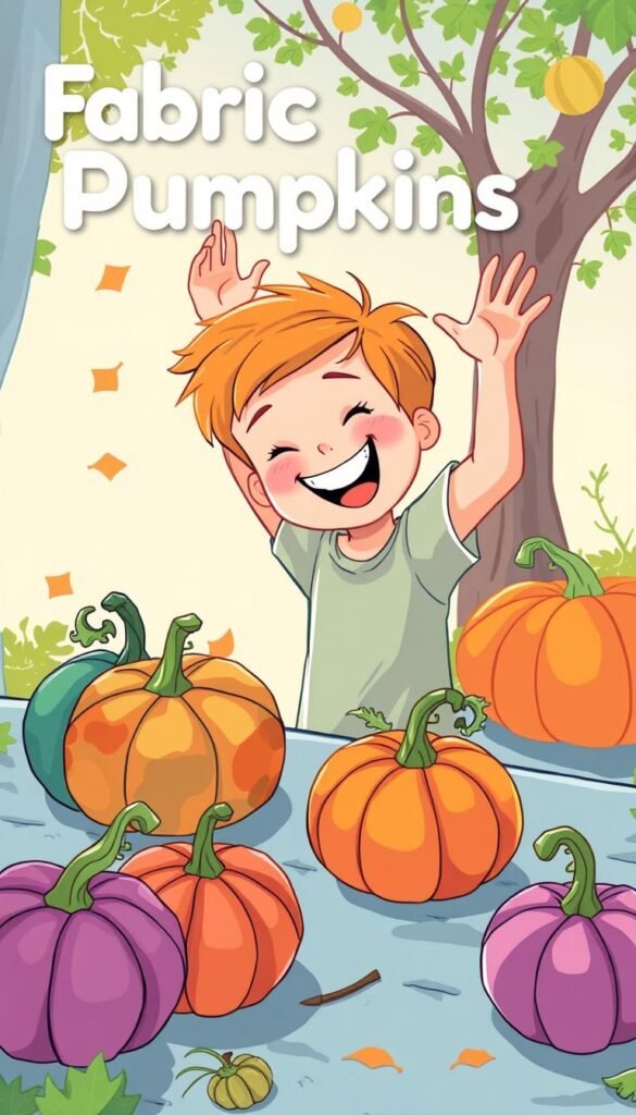 Create an image of a kid making fabric pumpkins using styrofoam balls and colorful fabric.