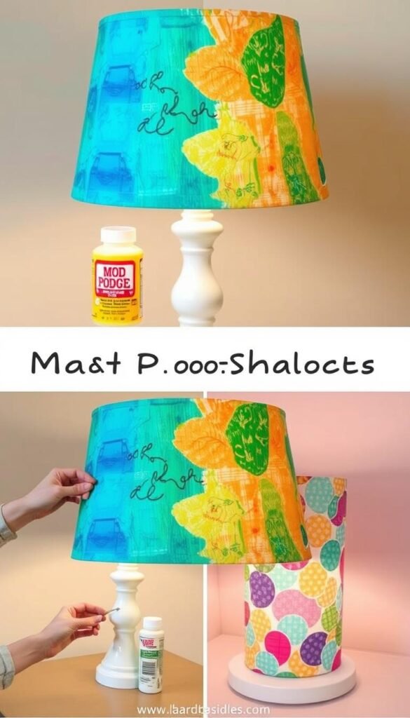 Create an image of a lamp shade makeover using Mod Podge and fabric. Create an image of a lamp shade makeover using Mod Podge and fabric.