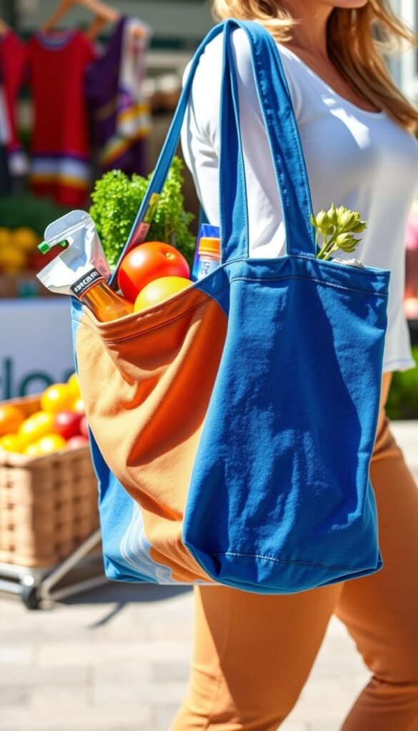 Create an image of a no-sew t-shirt tote bag being used for grocery shopping.