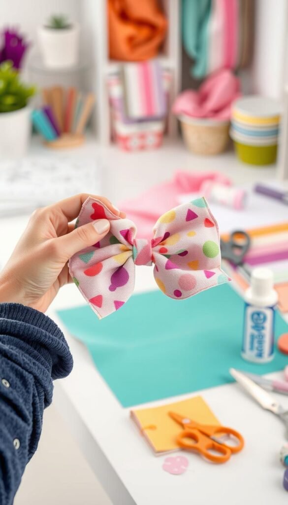 Create an image of a person making a hair bow using fabric and Peel n' Stick.