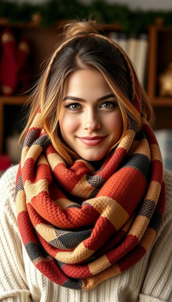 Create an image of a person wearing a cozy infinity scarf made from soft, plaid fabric. Create an image of a person wearing a cozy infinity scarf made from soft, plaid fabric.