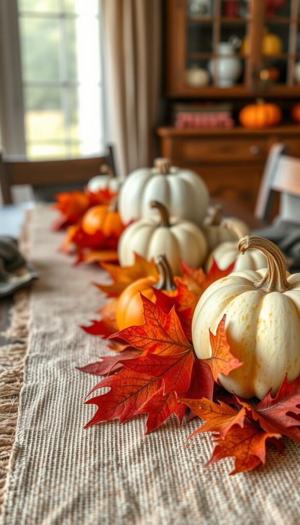 Create an image of a rustic burlap table runner with autumn leaves and pumpkins. Create an image of a rustic burlap table runner with autumn leaves and pumpkins.