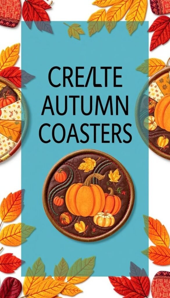 Create an image of a set of quilted fabric coasters in autumn colors with a fall theme. Create an image of a set of quilted fabric coasters in autumn colors with a fall theme.