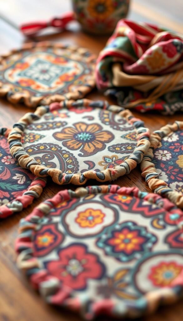 Create an image of a set of vintage-style fabric coasters made from a colorful scarf. Create an image of a set of vintage-style fabric coasters made from a colorful scarf.