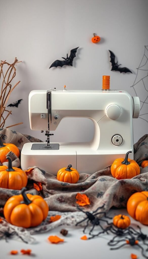 Create an image of a sewing machine with Halloween-themed fabric and decorations around it. Create an image of a sewing machine with Halloween-themed fabric and decorations around it.