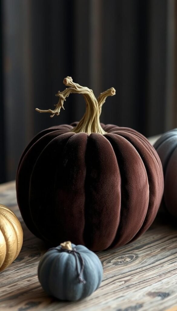 Create an image of a soft, velvet fabric pumpkin with a twig stem on a rustic wooden table. Create an image of a soft, velvet fabric pumpkin with a twig stem on a rustic wooden table.