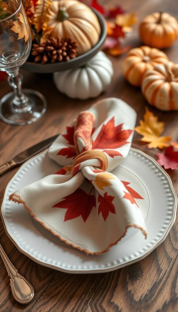 Create an image of a table setting with autumn-inspired cloth napkins and a fall-themed dinnerware. Create an image of a table setting with autumn-inspired cloth napkins and a fall-themed dinnerware.